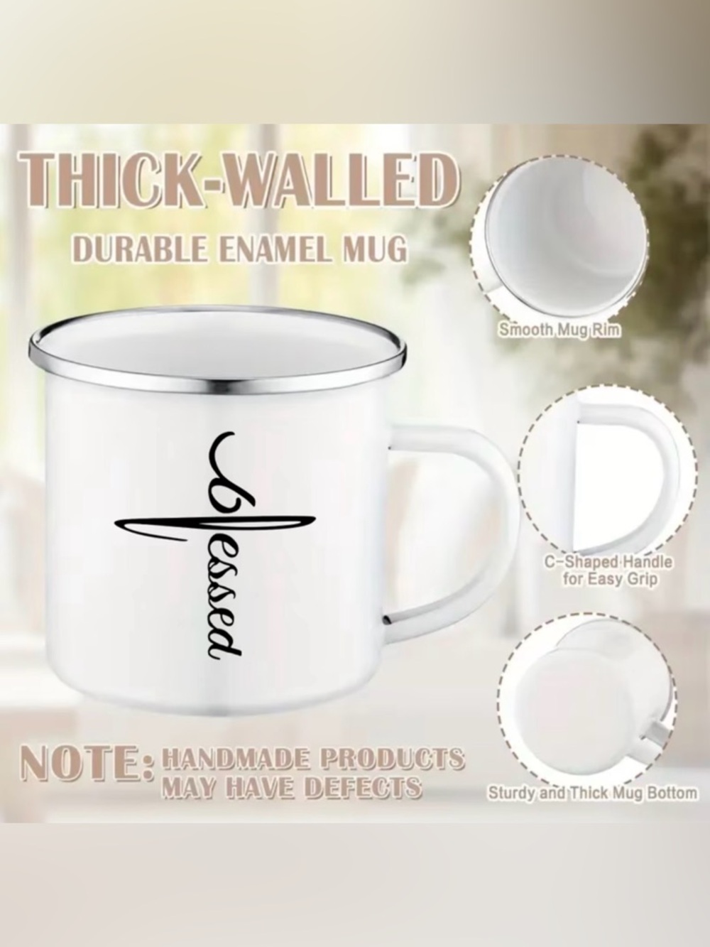 Coffee Mug 12 oz 'Blessed' Mug White Enamel Over Stainless Steel NIB - Picture 5 of 5